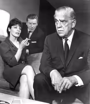 Photo from the Theatre '62 presentation of "The Paradine Case". In the photo are Viveca Lindfors, Richard Basehart and Boris Karloff. (1962)