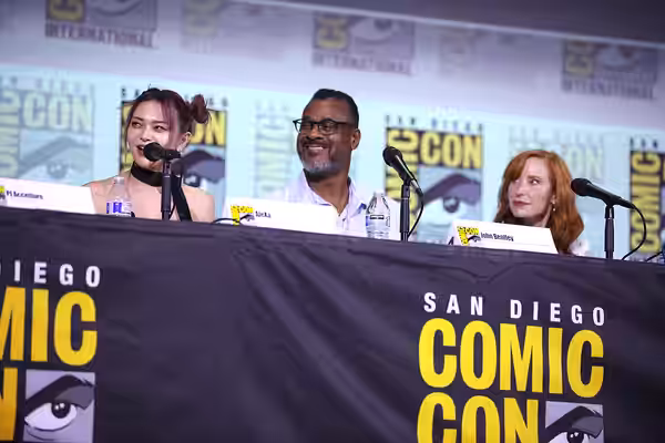 AleXa, John Eric Bentley and Karen Strassman speaking at the 2023 San Diego Comic Con International, for "Gala Film: Ghosts of Ruin", at the San Diego Conventio