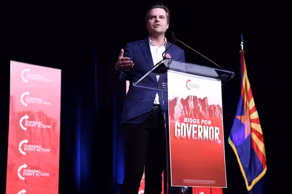 Former U.S. Congressman Matt Gaetz speaking with attendees at a campaign rally for Andy Biggs for Governor at the Arizona Biltmore in Phoenix, Arizona. (2025)