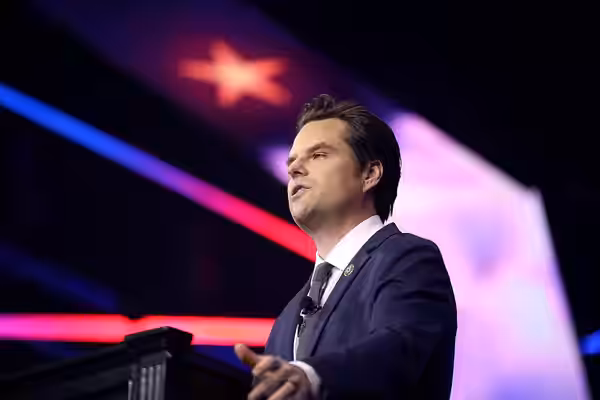 U.S. Congressman Matt Gaetz speaking with attendees at The People's Convention at Huntington Place in Detroit, Michigan. (2024)