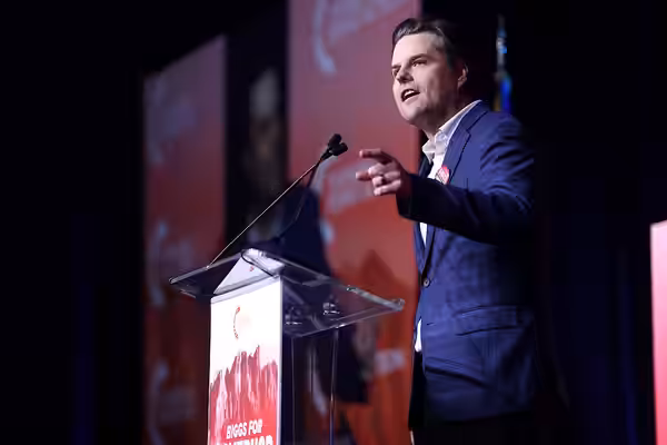 Former U.S. Congressman Matt Gaetz speaking with attendees at a campaign rally for Andy Biggs for Governor at the Arizona Biltmore in Phoenix, Arizona. (2025)