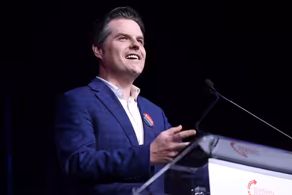Former U.S. Congressman Matt Gaetz speaking with attendees at a campaign rally for Andy Biggs for Governor at the Arizona Biltmore in Phoenix, Arizona. (2025)