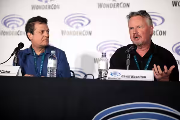 David Titcher and David Hoselton speaking at the 2016 WonderCon for Houdini and Doyle at the Los Angeles Convention Center in Los Angeles, California.