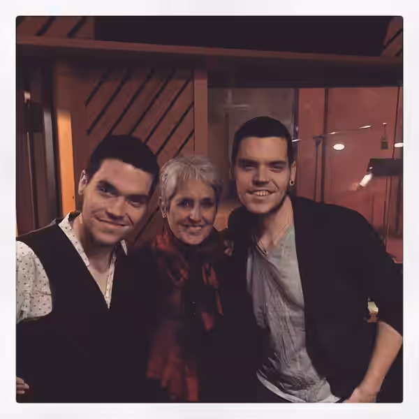 Dom Kelly with Joan Baez and A Fragile Tomorrow bandmate/brother Sean Kelly. (2015)