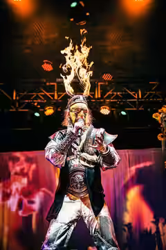 Arthur Brown in 2025 during his live show with The Crazy World Of Arthur Brown. His signature "Fire helmet" can be seen.