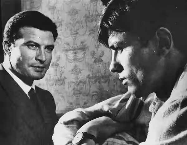 The actors Erno Crisa (inspector Riccordi) and Alain Delon (Tom Ripley) in a scene of Purple Noon by René Clément, film released in 1960.