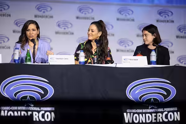 Constance Marie, Angelique Cabral and Rosa Salazar speaking at the 2022 WonderCon, for "Prime Video: Undone", at the Anaheim Convention Center in Anaheim, Calif