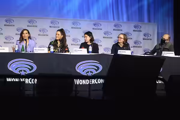 Constance Marie, Angelique Cabral, Rosa Salazar, Kate Purdy and Raphael Bob-Waksberg speaking at the 2022 WonderCon, for "Prime Video: Undone", at the Anaheim C