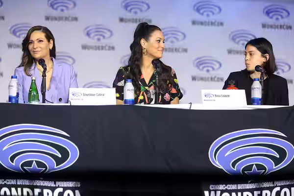 Constance Marie, Angelique Cabral and Rosa Salazar speaking at the 2022 WonderCon, for "Prime Video: Undone", at the Anaheim Convention Center in Anaheim, Calif