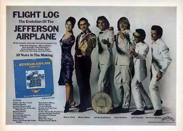 Uncropped copy of the trade ad for the Jefferson Airplane Flight Log album. (1977)