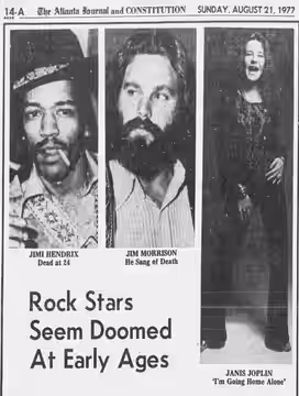 Newspaper article in the wake of Elvis' passing referencing Jimi Hendrix, Janis Joplin and Jim Morrison. (1977)