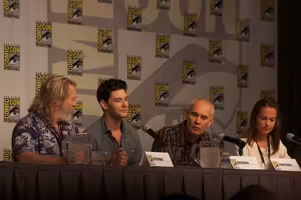 Jeff Bridges, Ben Barnes, Sergei Bodrov, and Alicia Vikander speaking in the Seventh Son discussion during the Legendary Pictures panel at the 2011 Comic-Con In