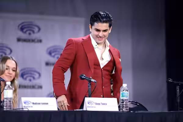 Diego Tinoco speaking at the 2023 WonderCon, for "Knights of the Zodiac", at the Anaheim Convention Center in Anaheim, California. Please attribute to Gage Skid