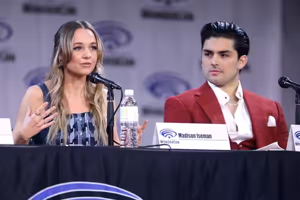 Madison Iseman and Diego Tinoco speaking at the 2023 WonderCon, for "Knights of the Zodiac", at the Anaheim Convention Center in Anaheim, California. Please att