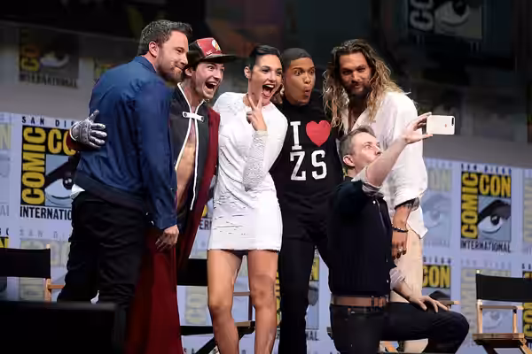 Ben Affleck, Ezra Miller, Gal Gadot, Ray Fisher, Jason Momoa and Chris Hardwick speaking at the 2017 San Diego Comic Con International, for "Justice League", at