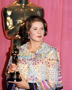 Swedish film actress Ingrid Bergman holding her Academy Award during at the 47th Oscars (1975)