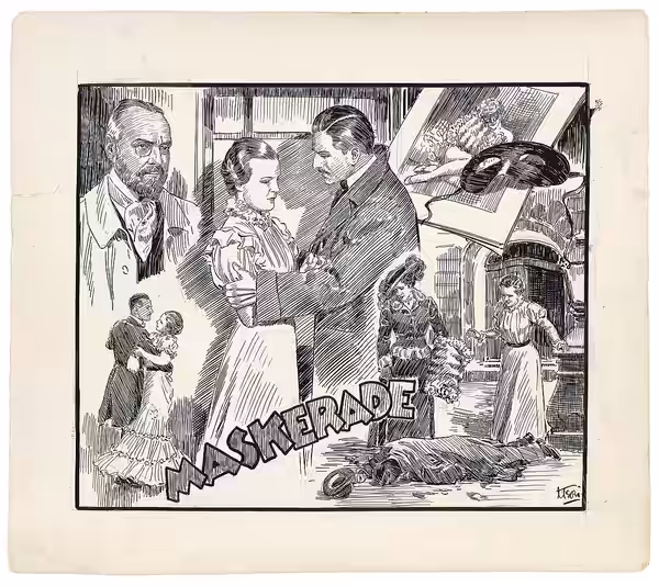 "Maskerade" (Operettenfilm von 1934), Tuschzeichnung aus einem Konvolut von 6 Zeichnungen zur Familie Hörbiger-Wessely, um 1935, Karton, 21 x 23,5 cm