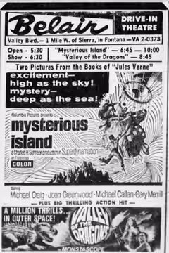 Belair Drive-In theater advertisement for the double-feature sci-fi adventure films Mysterious Island (1961) and Valley of the Dragons (1961). From the 20 Decem