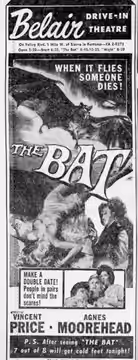 Belair Drive-In theater advertisement for the American crime-mystery thriller film w:The Bat (1959 film)The Bat (1959). From the 30 September 1959 San Bernardin