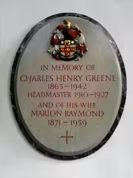 Memorial on the wall of Berkhamsted School Chapel to Charles Henry Greene, headmaster of Berkhamsted School, and his wife Marion Raymond, who were the parents o (2011)