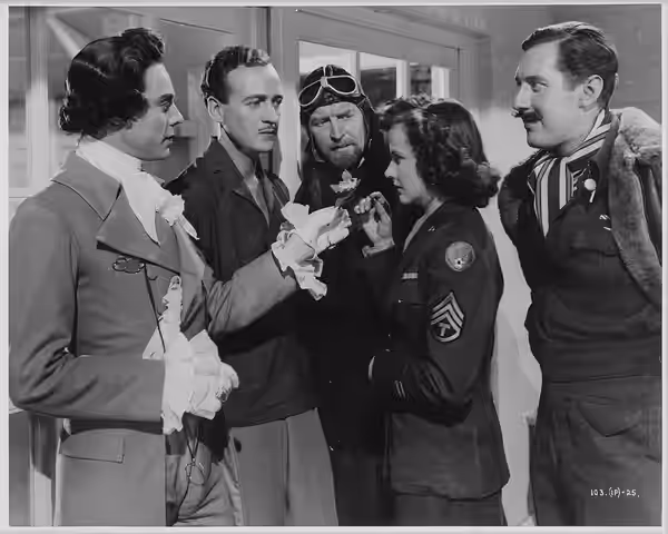 Marius Goring, David Niven, Roger Livesey, Kim Hunter and Robert Coote in a production still for the British film A Matter of Life and Death.