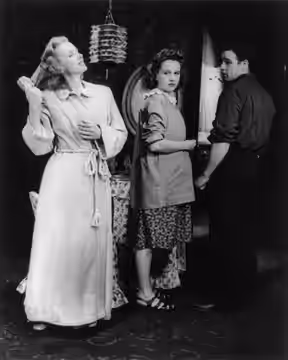Jessica Tandy combing her hair under a light bulb covered with a Chinese lampshade, with Kim Hunter and Marlon Brando, in a scene from Tennessee Williams' play 