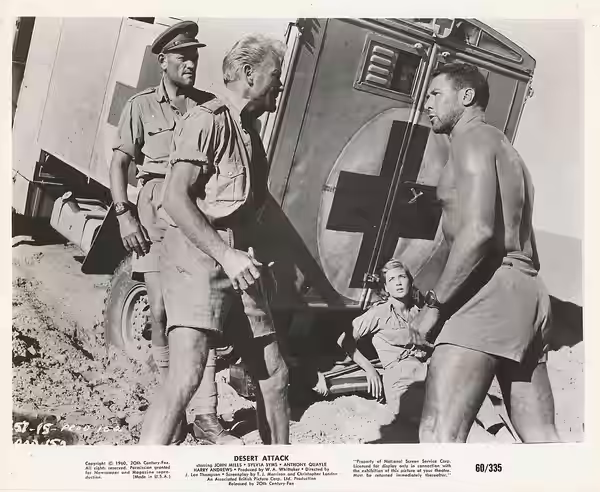 Photograph from the production of the film Desert Attack (1961), which was the North American release of the 1958 British film Ice Cold in Alex. In North Africa