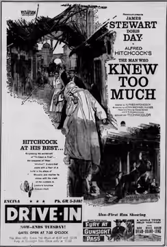 Encina Drive-In theater advertisement for the American suspense thriller film The Man Who Knew Too Much (1956). From the 8 June 1956 Santa Cruz Sentinel.