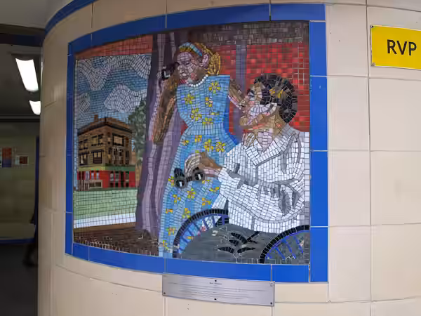 Alfred Hitchcock mural from his film Rear Window at Leytonstone Station, London (2013)