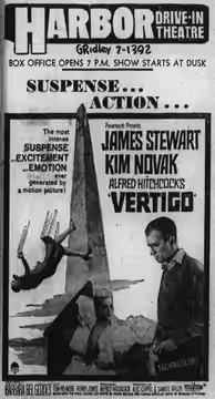 English: Harbor Drive-In theater advertisement for the psychological thriller film, Vertigo. 24 July 1958.