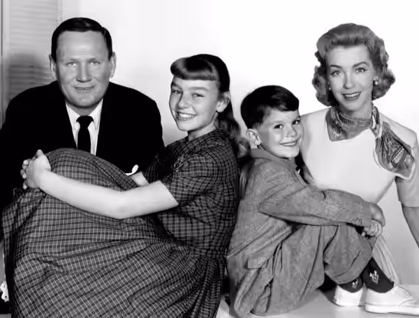 Cast photo from the short-lived television program Peck's Bad Girl. From left: Wendell Corey, Patty McCormack, Ray Farrell, Marsha Hunt. (1959)