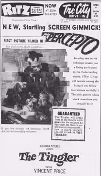 Ritz Theatre and Tri-City Drive-In advertisement for the horror film The Tingler (1959). From the 30 October 1959 San Bernardino Sun.