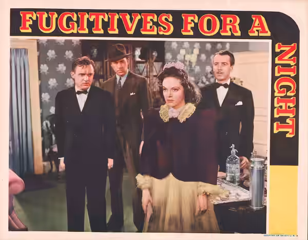 Lobby card for the 1938 film Fugitives for a Night with Frank Albertson, Eleanor Lynn, and Bradley Page.