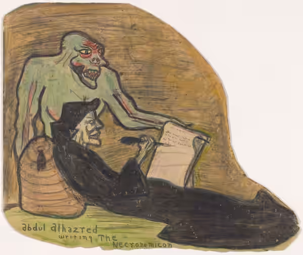 "Abdul Alhazred writing the Necronomicon" drawing by Robert Bloch sometime in 1933. Drawn on the back of a promotional leaflet.