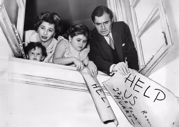 Photo of James Mason and family from the 1957 television program Panic!. This was a "thriller" type program and aired 18 episodes from 1957 to 1958. From left: 