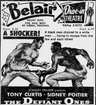 Belair Drive-In theater advertisement for the American adventure drama film The Defiant Ones (1958). From the 12 December 1958 San Bernardino Sun.