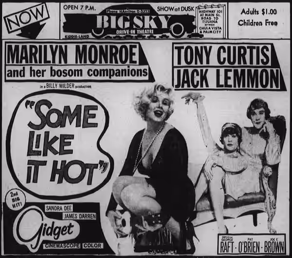 Big Sky Drive-In theater advertisement for the American crime comedy film Some Like It Hot (1959), from the 2 July 1959 Chula Vista Star-News.