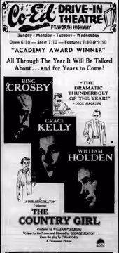 Co-Ed Drive-In theater advertisement for the drama film The Country Girl (1954). From the 17 April 1955 Denton Record-Chronicle.