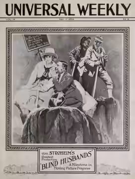 Advertisement for the American drama film Blind Husbands (1919) with Erich von Stroheim and Francelia Billington, on the cover of the May 17, 1924 Universal Wee