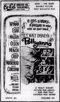 Co-Ed Drive-In theater advertisement for the comedy-drama film, Pollyanna. 28 August 1960.