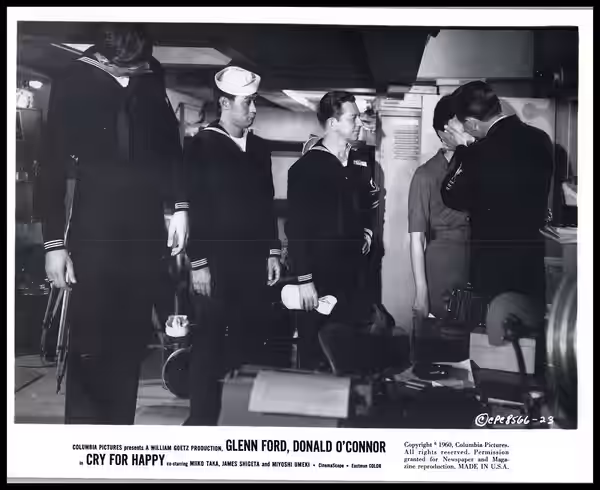 Press photo of (from left) Chet Douglas, James Shigeta, Donald O'Connor, Nancy Kovack, and Glenn Ford for the 1961 film Cry for Happy (1960)