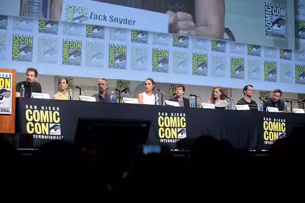 Zack Snyder, Holly Hunter, Jeremy Irons, Gal Gadot, Jesse Eisenberg, Amy Adams, Henry Cavill and Ben Affleck speaking at the 2015 San Diego Comic Con Internatio