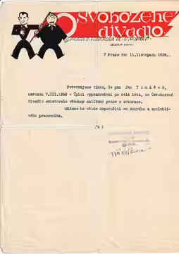 Jan Tomášek dopis od Osvobozeného Divadla (1938)