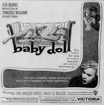 Theatre advertisement for the film, Baby Doll , 11 December, 1956.