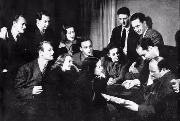 Photograph of members of the Group Theatre Subjects are Roman Bohnen, Luther Adler, Leif Erickson, Frances Farmer, Ruth Nelson, Sanford Meisner, Phoebe Brand, E (1938)