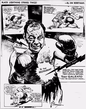 A prefight cartoon depicting Galento by the cartoonist Jim Berryman. From the Evening Star, Washington, D. C., June 28, 1939.
