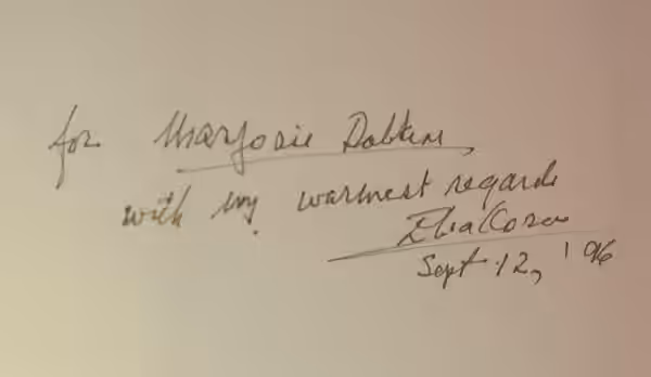 Inscription from Elia Kazan to Marjorie Housepian Dobkin in a copy of Kazan's Memoir Beyond the Aegean: "For Marjorie Dobkin with my warmest regards Elia Kazan 
