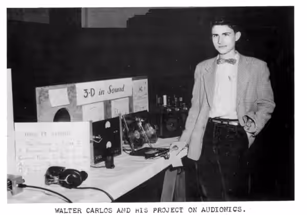 Wendy Carlos demonstrating stereo sound for a high school science project. (1958)