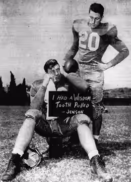 UCLA Bruins football players Roy Jenson (left) and John "Cappy" Smith (right) (1950)