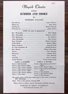 A program for the 1963 staging of Summer and Smoke at the Wayside Theatre. Peter Boyle is listed as one of the actors. Item was located and photographed in the  (2023)